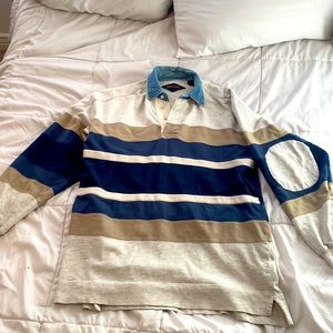 Tan and blue long sleeved polo with elbow patches